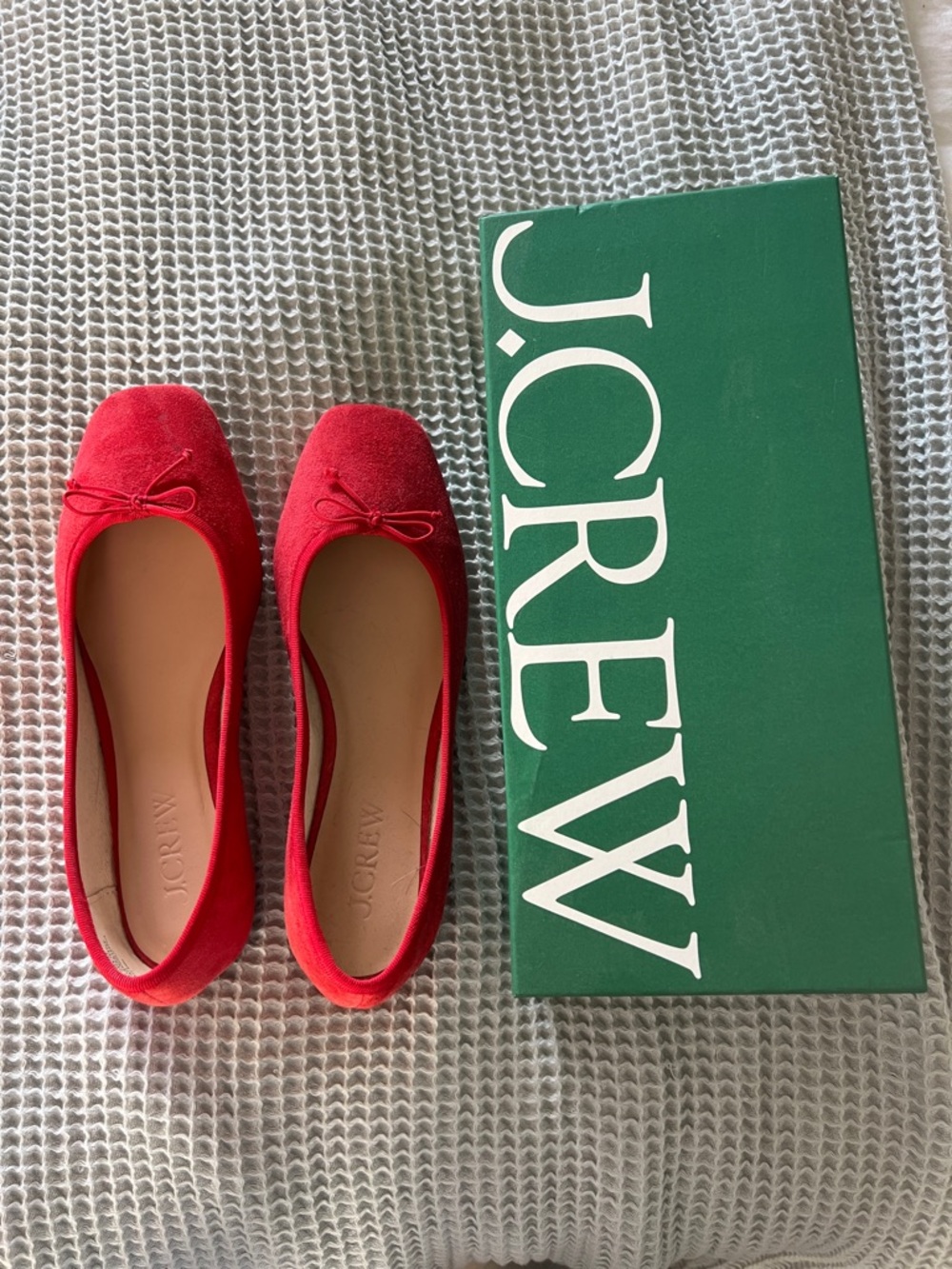 J. Crew Red Suede Ballet Flats with Bow Accent